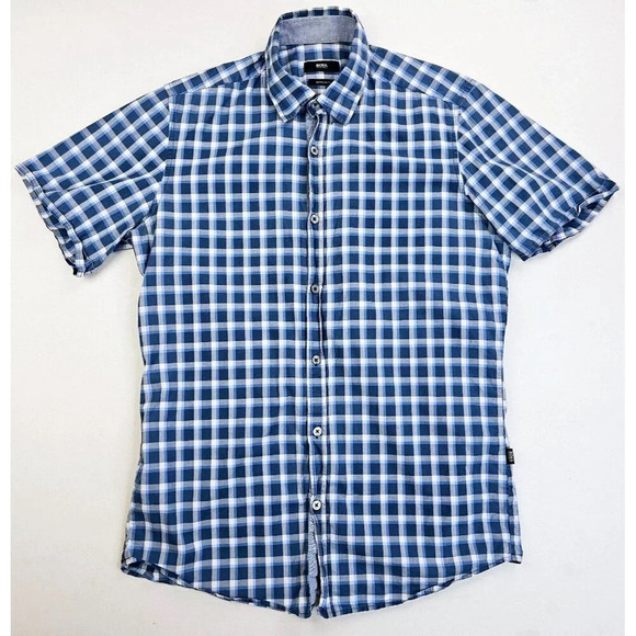 Hugo Boss Regular Fit Size Small Men Blue White Gray Check Short Sleeve Logo Tag - Picture 1 of 12
